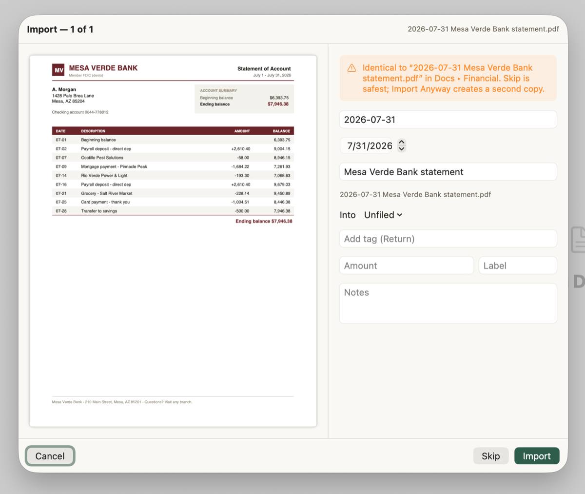 The import form showing a bank statement preview, a suggested date and title, and a duplicate warning