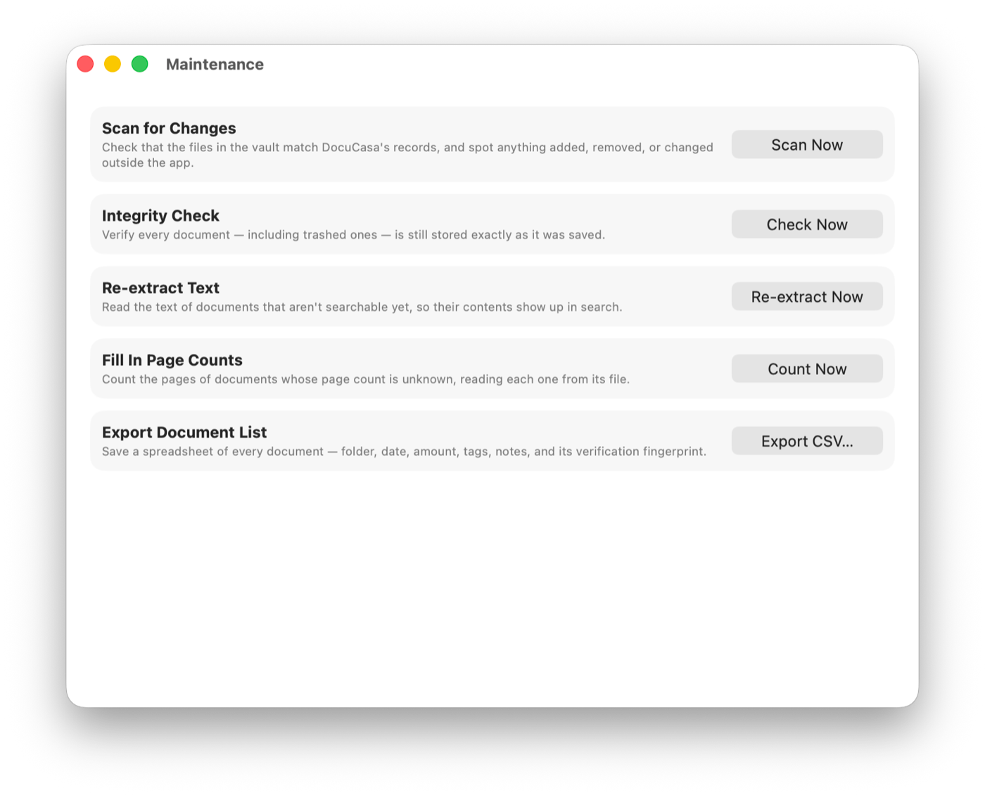 The Maintenance window listing five tools, each with a description and a run button