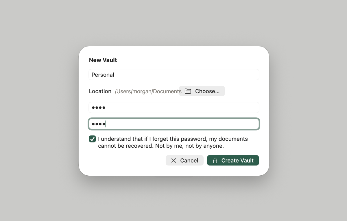 The New Vault sheet with name, location, two password fields, and the no-recovery acknowledgment checkbox