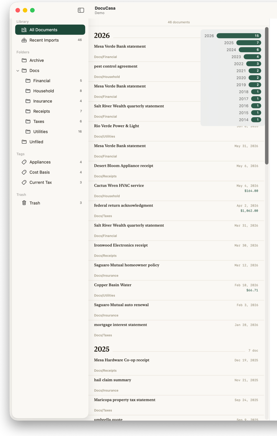 The document list with the year scrubber showing one bar per year from 2014 to 2026