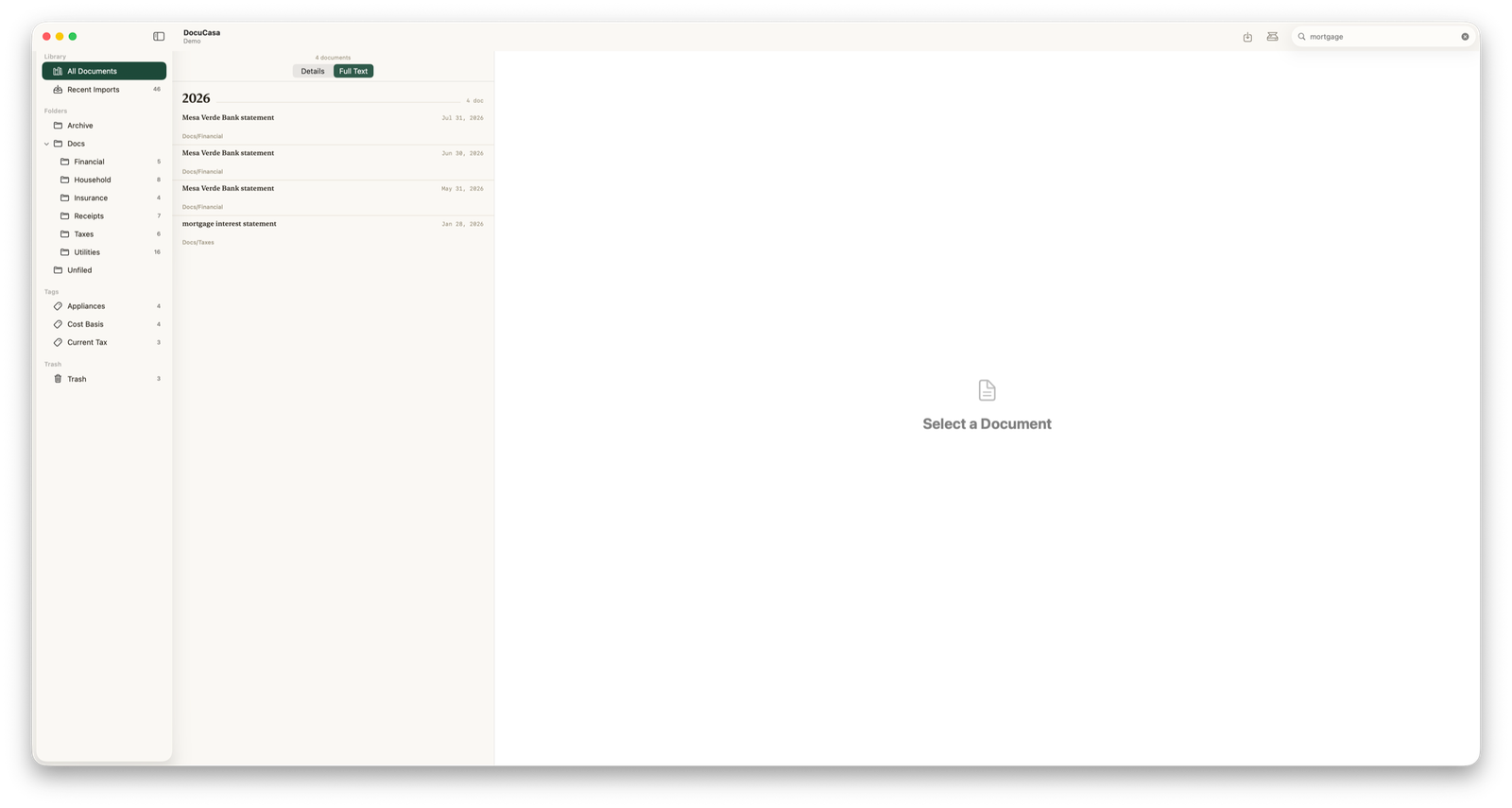 A Full Text search for the word mortgage finding bank statements and a mortgage interest statement across folders