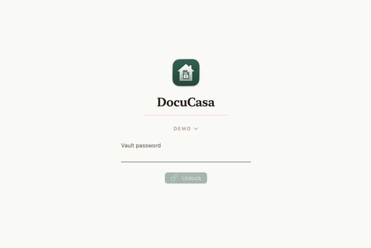 The unlock screen showing the DocuCasa icon, the vault name, and a password field