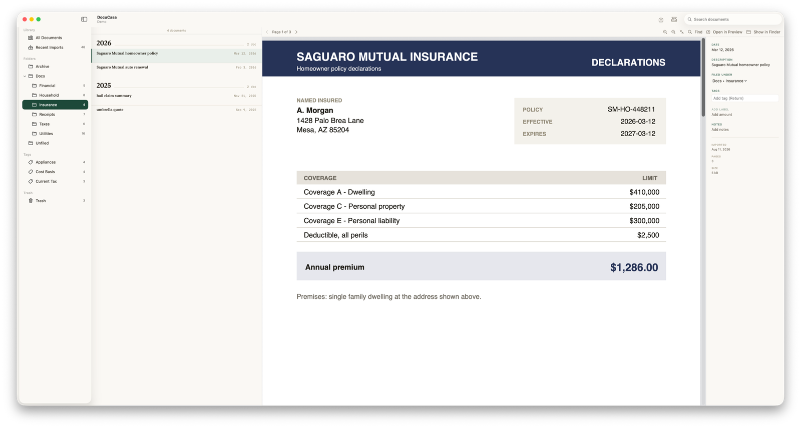 The DocuCasa window showing folders, a document list, and an insurance policy in the preview