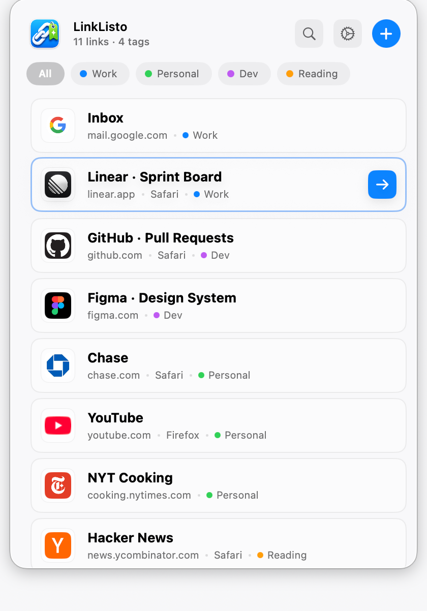 The LinkListo popover in light mode, showing a list of links with tags and browser assignments