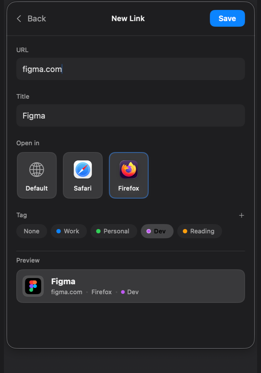 The link editor in dark mode with title, URL, browser choice, and tag fields