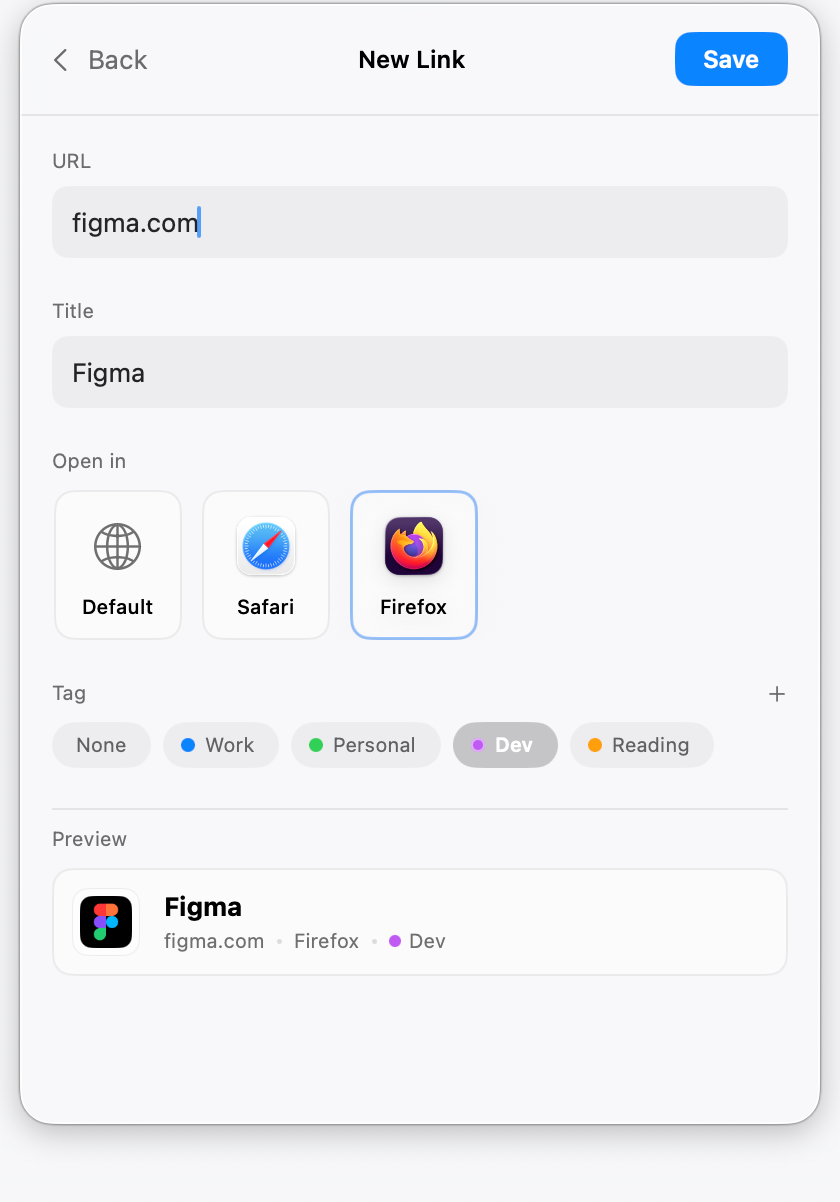 The link editor with title, URL, browser choice, and tag fields