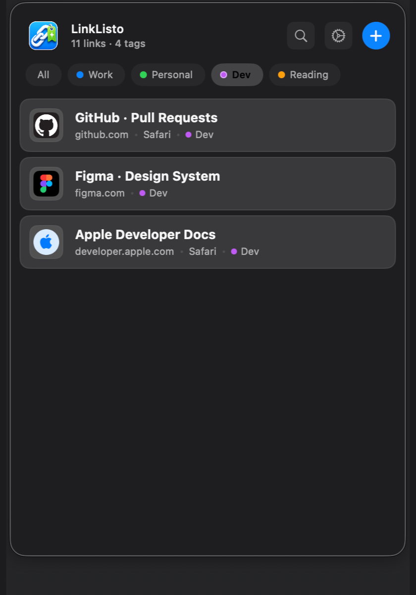 The link list in dark mode filtered to the Dev tag