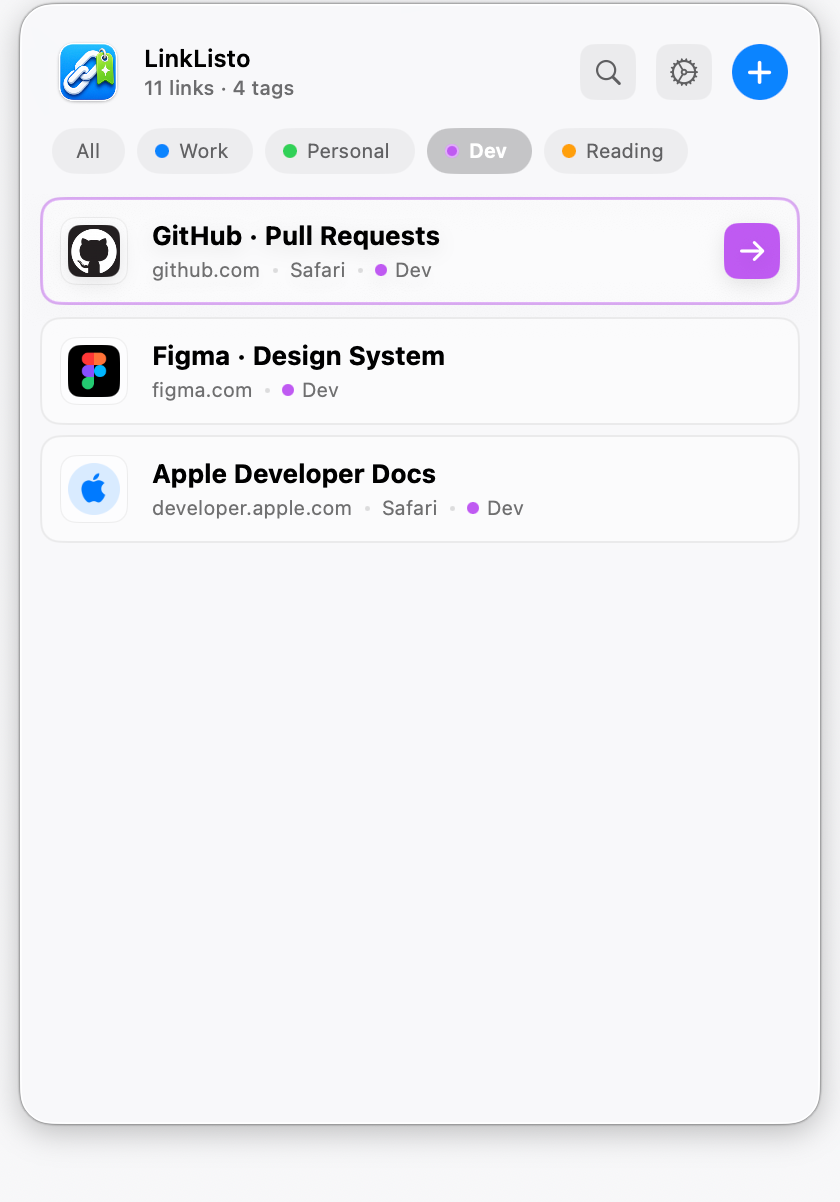 The link list filtered to the Dev tag
