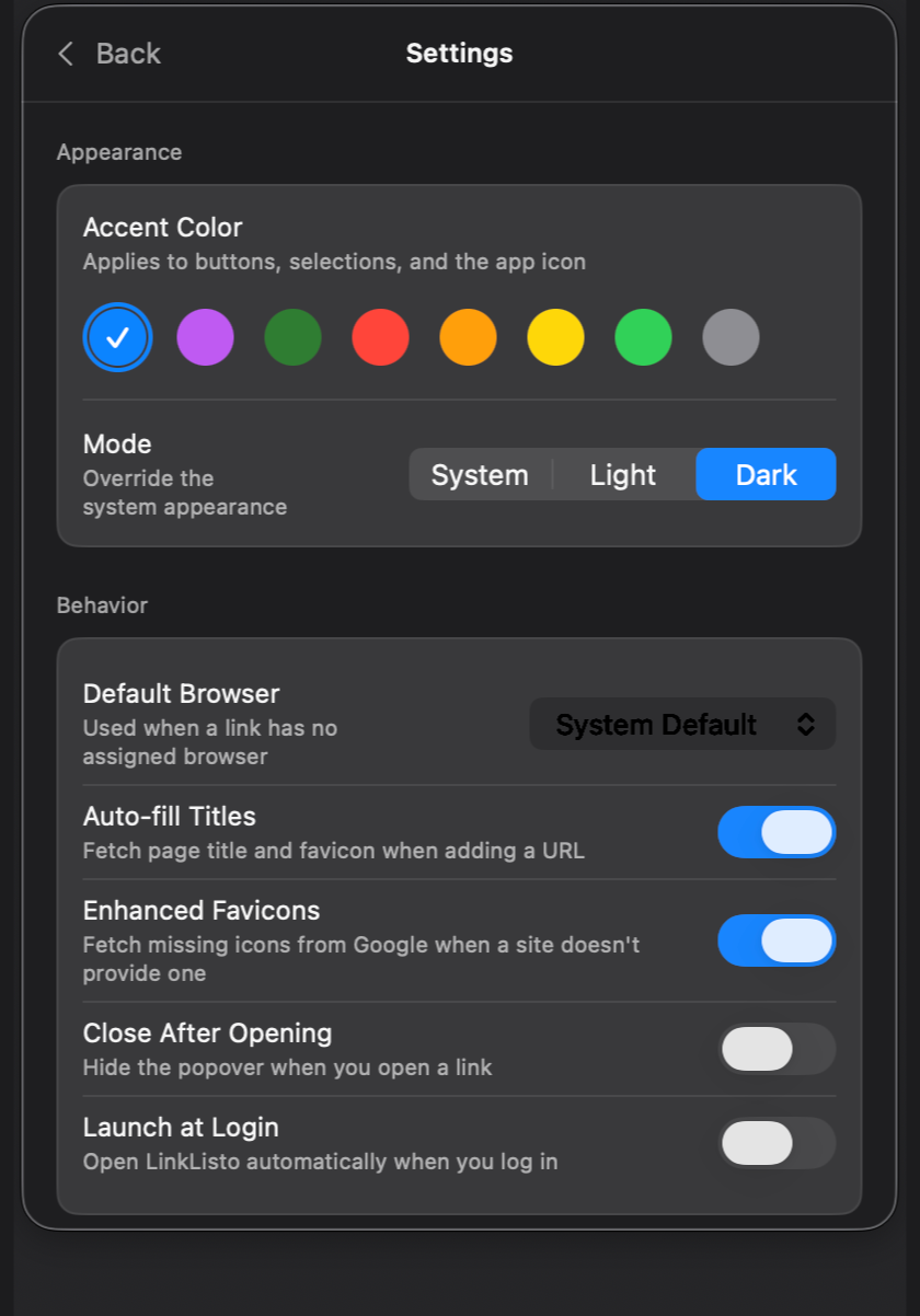 LinkListo settings in dark mode with accent colors, appearance, and behavior options