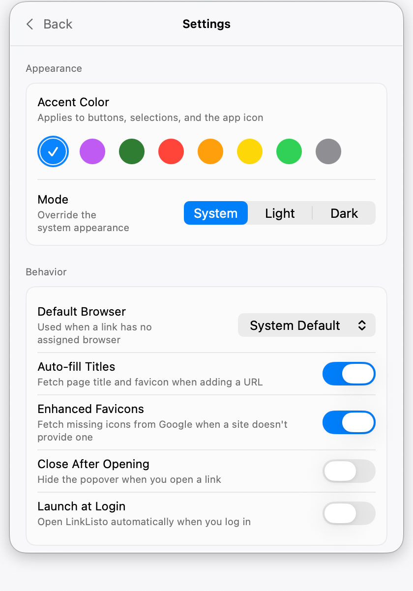 LinkListo settings with accent colors, appearance, and behavior options