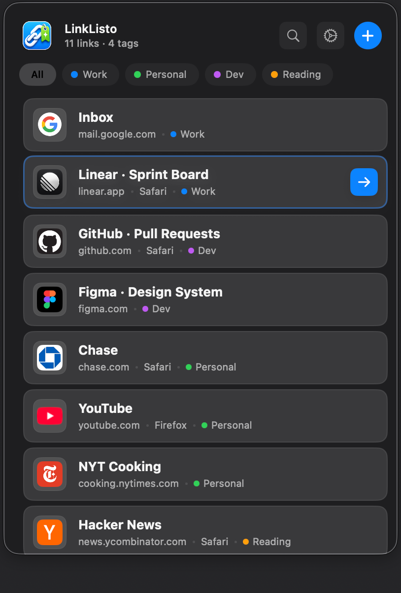 The LinkListo popover in dark mode, showing a list of links with tags and browser assignments