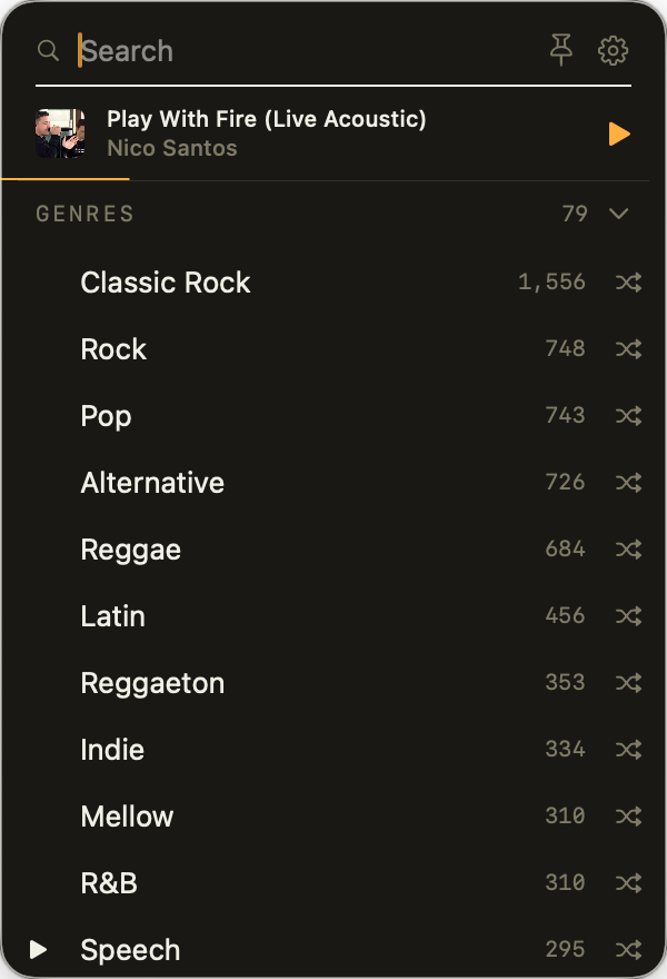 The Genres group unfolded in dark mode with song counts