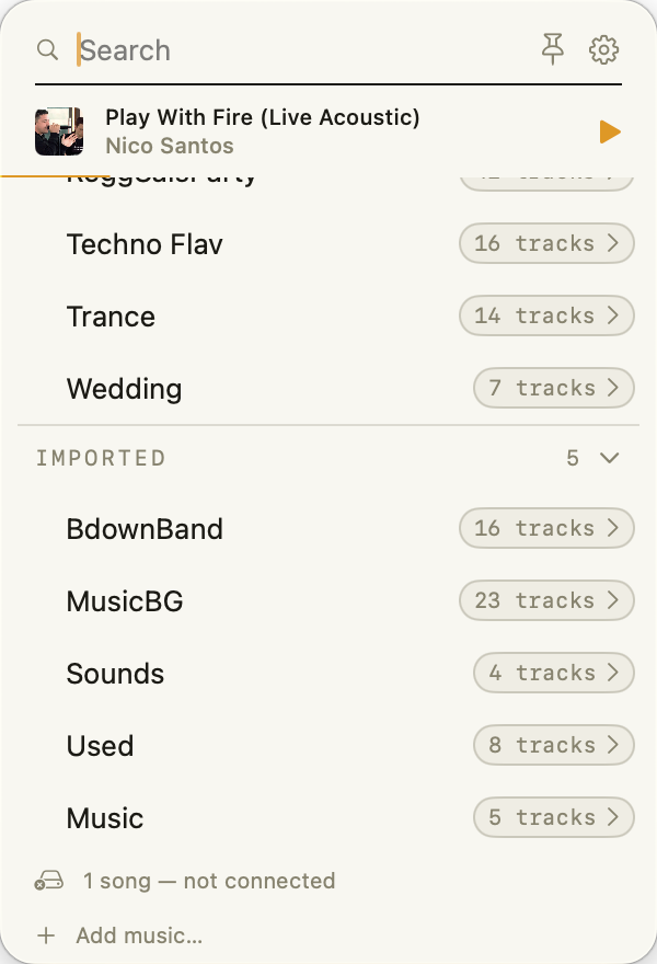 The Imported group with folder playlists and the Songs entry