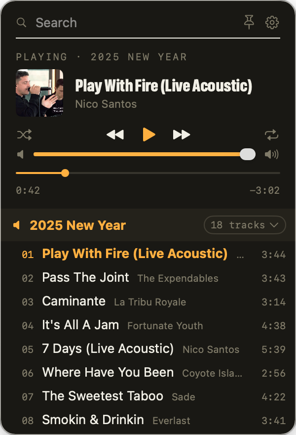 The Playita panel in dark mode, open from the menu bar, with a song playing and a playlist open