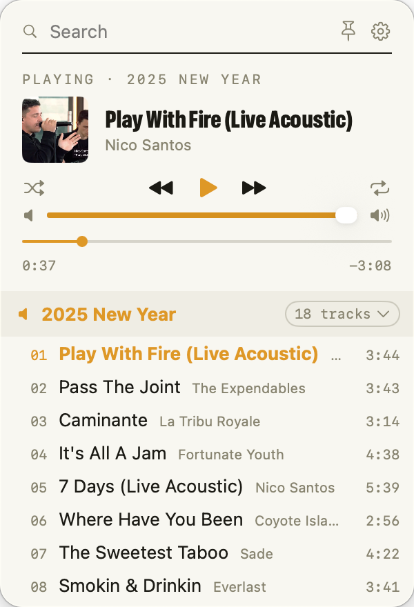 The Playita panel, open from the menu bar, with a song playing and a playlist open