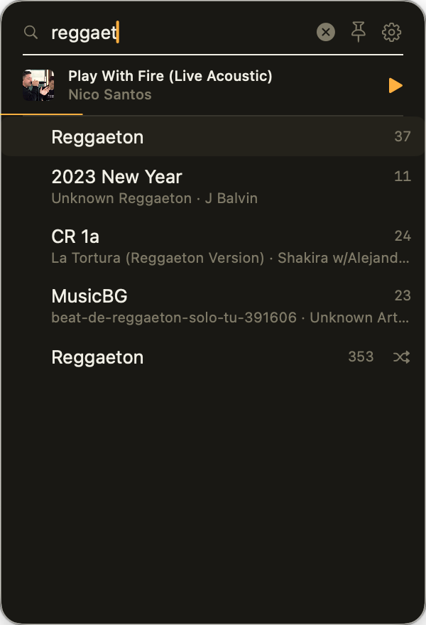 Search results in dark mode showing matching playlists, songs, and genres