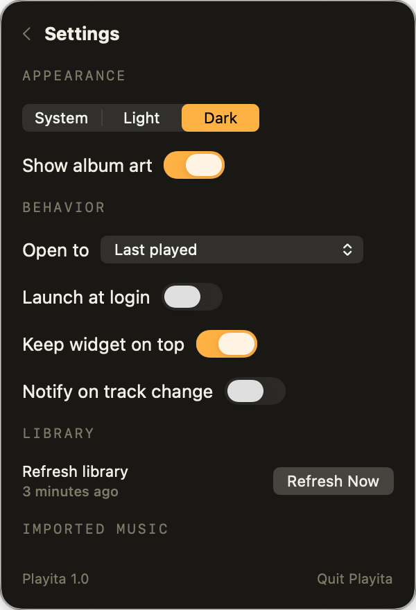 Playita settings in dark mode