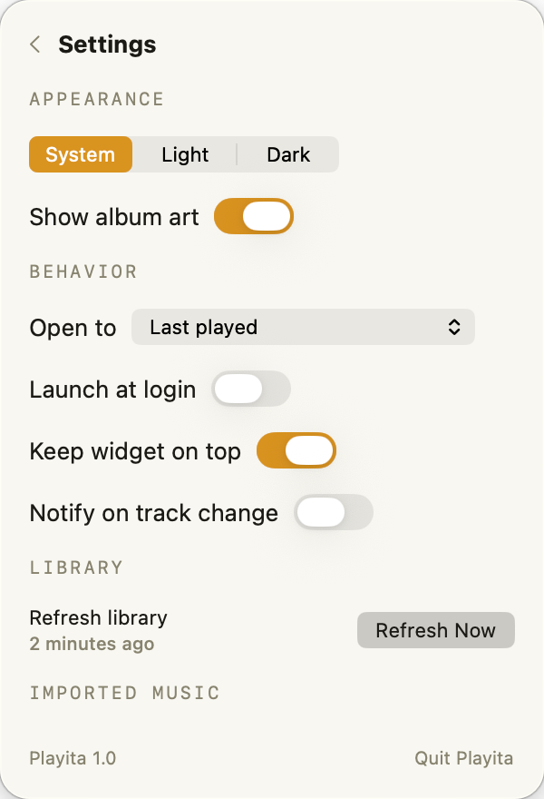 Playita settings with appearance, behavior, library, and imported music