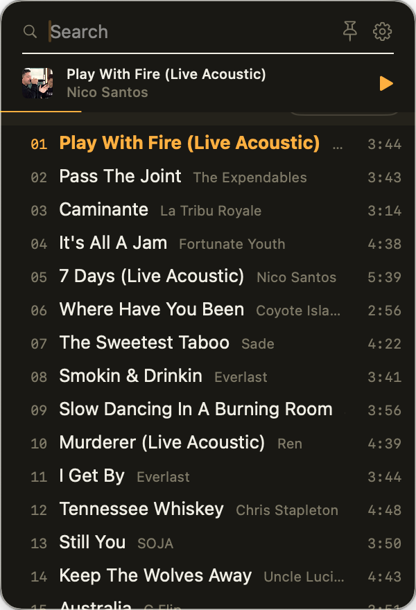 The pinned playing strip in dark mode