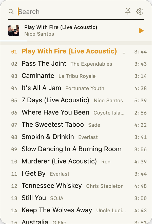 The pinned playing strip under the search field